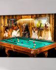 Personalized canvas featuring five dogs playing pool on a green felt table in a rustic wooden room.