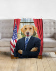 Personalized pet blanket with a golden retriever in a suit, standing in front of the White House.