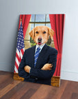 Custom 'President' pet canvas featuring a golden retriever in a suit, against a White House backdrop.