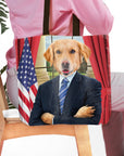 Personalized 'The President' tote bag with a golden retriever pet portrait in a suit, US flag, and red curtains.