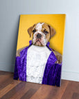 Personalized 'Prince-Doggo' pet canvas featuring a bulldog in a purple jacket and ruffled shirt on a yellow background.