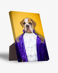 Personalized "Prince-Doggo" standing canvas featuring a bulldog in a purple jacket and ruffled shirt on a yellow background.