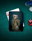 Personalized playing cards featuring a custom royal portrait of a white dog in a renaissance dress.