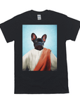 Black Gildan unisex t-shirt featuring a French Bulldog in a white robe with an orange sash against a blue background.