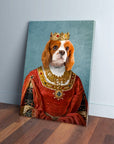 Custom pet portrait canvas featuring a Cavalier King Charles Spaniel in a red queen's gown and gold crown.