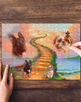 Personalized 2-pet puzzle with a rainbow bridge design, featuring custom dog portraits.