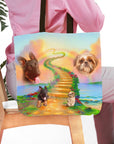 Personalized tote bag with two custom pet portraits, a German Shepherd and a Shih Tzu, on a Rainbow Bridge design.