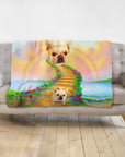 Personalized pet blanket with two French Bulldog portraits on a Rainbow Bridge design.