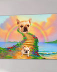Personalized pet canvas featuring a French Bulldog on a rainbow bridge over a colorful ocean landscape.