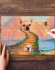 Personalized pet puzzle featuring two French Bulldogs on a watercolor rainbow bridge with a missing piece.