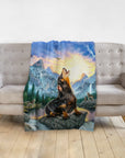 Personalized pet blanket with a Rottweiler howling on a rock, surrounded by wolves in a mountain sunset landscape.