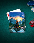 Personalized pet playing cards featuring a Rottweiler howling at sunset in a retro wolf art style.