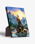 Personalized 'Retro Wolf' standing canvas featuring a pet howling at a sunset in a mountain landscape.
