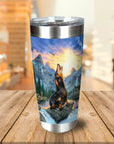 Personalized stainless steel tumbler with a custom pet portrait of a dog howling in a mountain landscape.