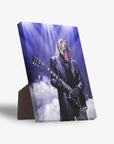 Personalized pet standing canvas featuring a Weimaraner dog as a rocker, playing an electric guitar on a smoky stage with purple lights.