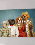 Custom canvas of four pets dressed as a royal family, featuring a golden retriever king, cavalier queen, brown dog prince, and white dog princess.