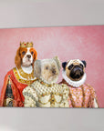 Three pets in royal attire: a Cavalier King Charles, a terrier, and a pug, on a pink canvas.