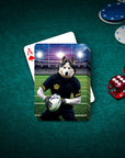 Personalized playing cards featuring a husky dog in a rugby player uniform on a green felt table.