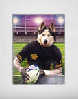 Personalized husky pet poster in a black rugby uniform holding a ball on a green field.