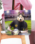 Personalized tote bag with a husky pet portrait as a rugby player in a stadium.