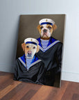 Two dogs, a bulldog and a labrador, custom painted on canvas in navy sailor uniforms and hats.