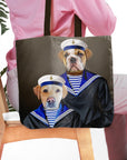 Personalized pet portrait tote bag featuring a bulldog and a labrador in sailor outfits.