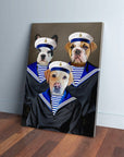 Personalized canvas featuring three pets (French Bulldog, Bulldog, Labrador) dressed as sailors in navy and white.