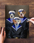 Personalized 3 pet puzzle featuring dogs dressed as sailors, with a hand placing a piece.