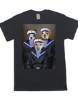 Black Gildan t-shirt with a custom graphic of three pets dressed as sailors.
