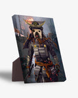 Personalized pet standing canvas featuring a bulldog in black samurai armor with gold accents, on a dark, fiery background.