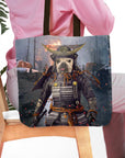 Personalized tote bag featuring a French Bulldog pet portrait in Samurai armor.