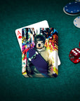 Custom personalized playing card with a French Bulldog pet portrait as a skateboarder, on a green poker table.
