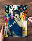 Personalized pet puzzle featuring a French bulldog in a helmet holding a skateboard against a colorful background.