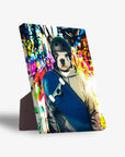 Personalized pet standing canvas featuring a French bulldog in a helmet and hoodie holding a blue skateboard.