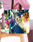 Personalized tote bag with a French Bulldog pet portrait as a skateboarder against a colorful graffiti background.