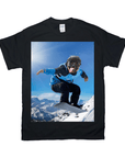 Black Gildan t-shirt with a personalized design of a pug's head on a snowboarder in snowy mountains.