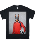 Black Gildan t-shirt with a personalized graphic of a Doberman dog as a soccer goalie in a red jersey holding a ball.