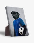 Personalized pet standing canvas featuring a black pug's head on a soccer player's body in a blue jersey holding a ball.