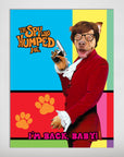 Personalized pet poster featuring a dog's head on a spy in a red suit, holding a gun, with "The Spy Who Humped Me" title and paw prints on a colorful background.