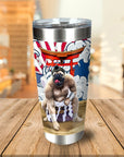 Personalized stainless steel tumbler with a custom pet portrait of a dog as a sumo wrestler.