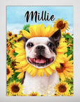 Personalized pet poster featuring a happy Boston Terrier's face surrounded by bright yellow sunflowers with the name "Millie" above.