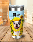 Personalized stainless steel tumbler with a Boston Terrier pet portrait in a sunflower design.