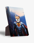 Personalized pet standing canvas featuring a dog in a blue and red Super Dog costume with a city background.