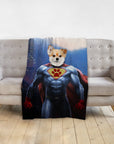 Personalized pet blanket featuring a dog in a superhero portrait against a city backdrop.