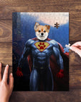 Personalized Superdog pet puzzle featuring a dog's head on a superhero body, being assembled on wood.