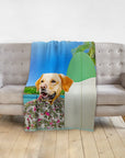 Personalized pet blanket with a golden retriever in a Hawaiian shirt and surfboard design.