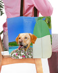 Personalized 'The Surfer' tote bag with a custom pet portrait of a dog in a Hawaiian shirt.