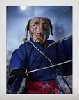 Custom 'The Swordsman' pet portrait poster featuring a chocolate lab in a blue samurai robe.