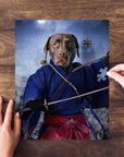 Personalized chocolate lab pet puzzle in a samurai swordsman portrait style.
