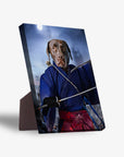 Chocolate lab pet portrait on a standing canvas, dressed as a samurai with two swords under a moonlit sky.